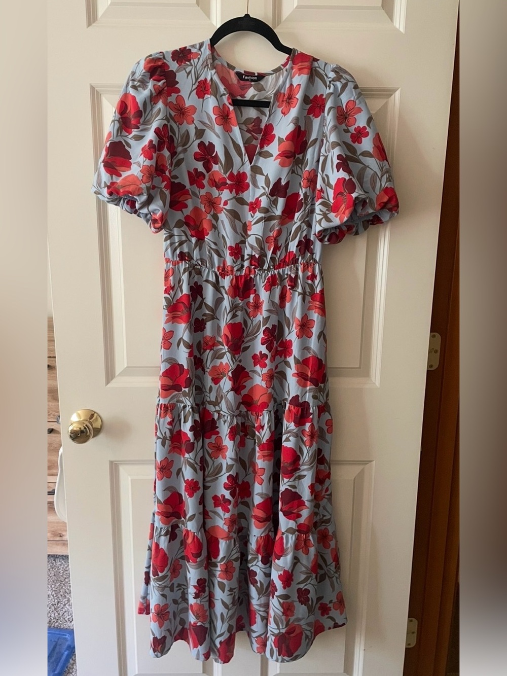 Floral Maxi  Dress - Red Blooms on Light Blue
